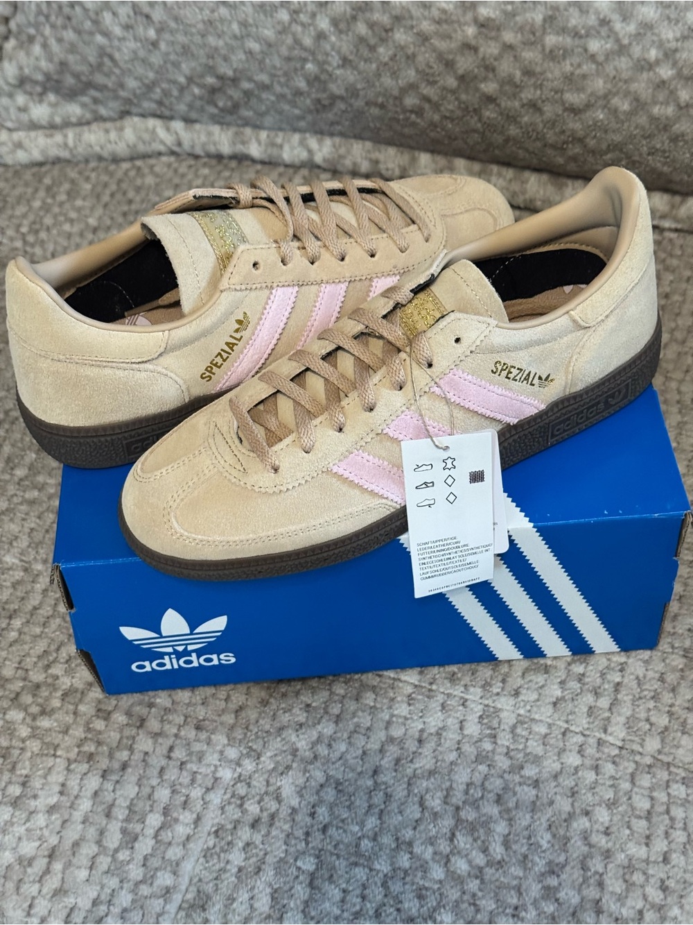 adidas Women's Spezial Suede Sneakers in Beige with Baby Pink Stripes - Picture 3 of 5